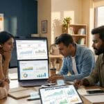 Digital marketing team discussing SEO, social media, and Google Ads strategy