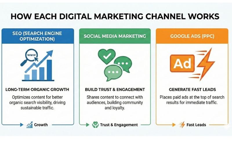 How SEO, social media marketing and Google Ads work for business growth