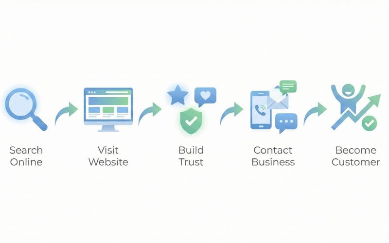 Digital marketing customer journey showing search online, website visit, trust building, business contact, and customer conversion