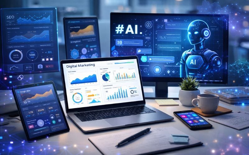 Digital marketing analytics dashboard with AI technology tools