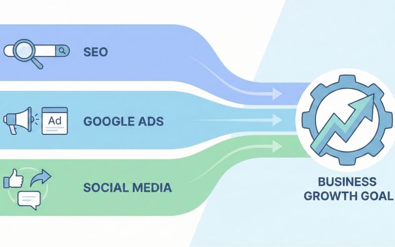 SEO, Google Ads, and social media channels leading to business growth goals