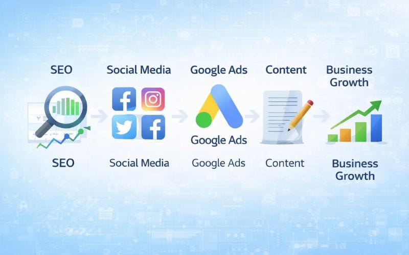 Digital marketing strategy showing SEO, social media, Google Ads, content, and business growth