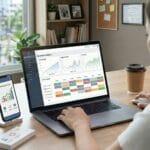 Social media manager analyzing branding performance on laptop dashboard