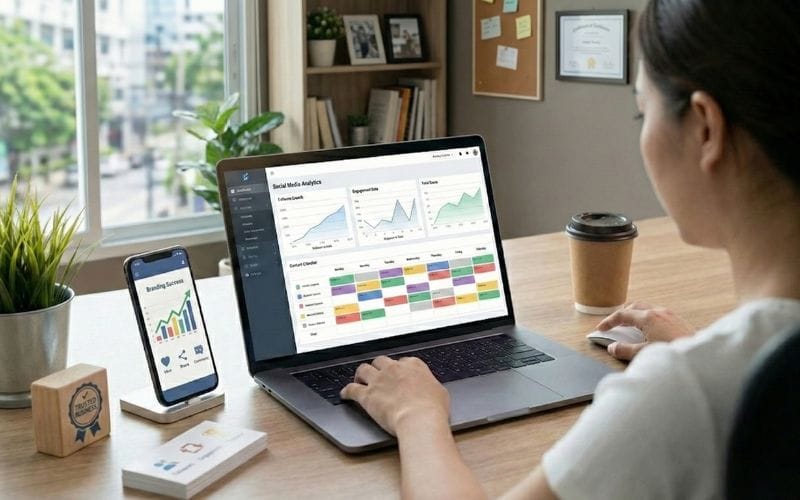 Social media manager analyzing branding performance on laptop dashboard