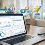 Social media management tips infographic showing how consistent posting, engagement, and trust help build a strong brand online.