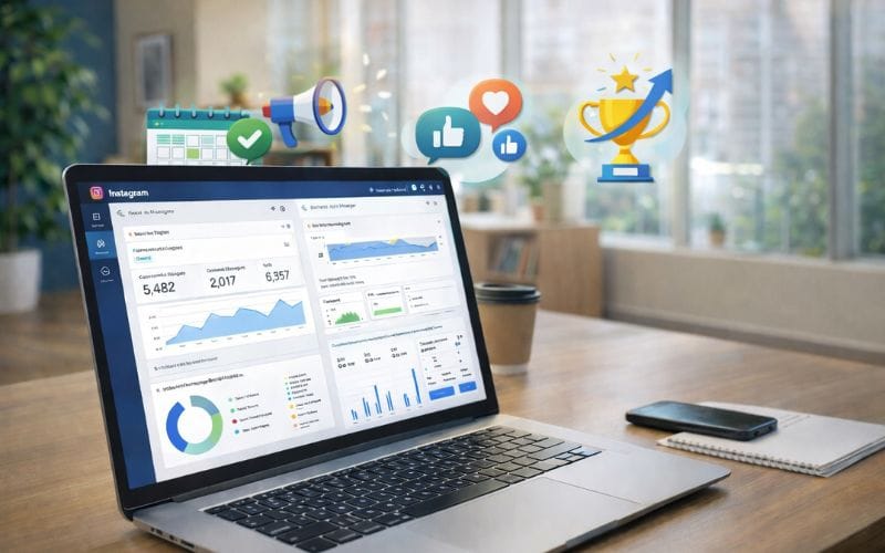 Social media management tips infographic showing how consistent posting, engagement, and trust help build a strong brand online.