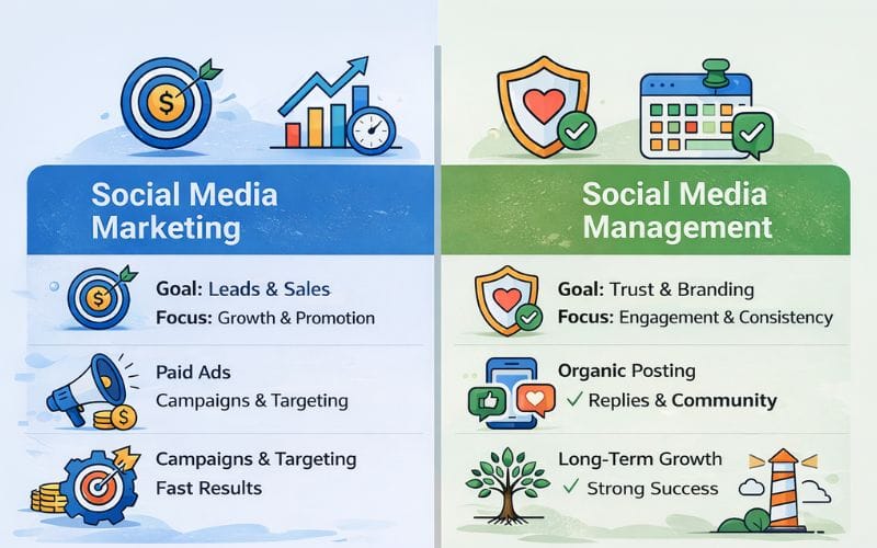 Comparison between social media marketing and social media management for business growth 